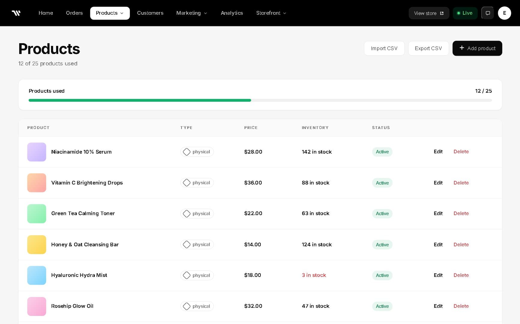 Products catalogue with inventory levels, pricing, and status indicators.